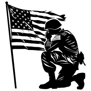 recommend clip art: a black silhouette of an American soldier kneeling, American soldier, USA flag, Vector Illustration