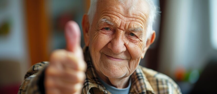 An elderly man sitting indoors, smiling and showing a thumbs up sign as a gesture of approval and positive feedback in a home setting.