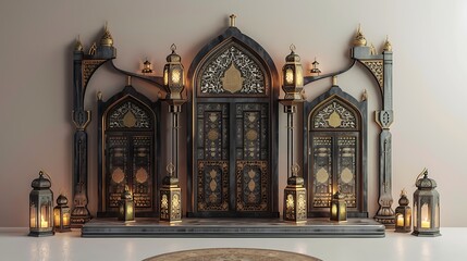 Obraz premium 3D rendering of the podium decorated with mosque doors and lanterns. Suitable for product promotion podiums during Ramadan Sale and Islamic religious events. Generative Ai