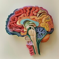 Side View of a Multicolored Paper Cut Craft Depicting Human Brain Regions on a Beige Background