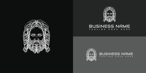 Ancient Greek God Sculpture Philosopher Face like Zeus Triton Neptune with Beard and Mustache applied for clothing and fashion logo design inspiration. The Greek god Zeus Line Art Logo. Ancient Greek