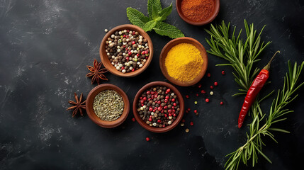 Variety of spices and herbs on a cooking table colorful view