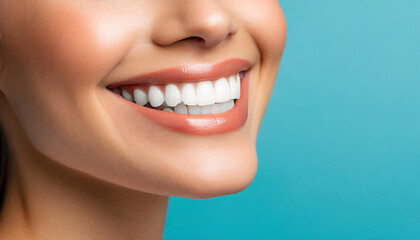 Perfect healthy teeth smile of a young woman. Teeth whitening. Dental clinic patient. Stomatology concept on blue background