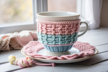 A beautiful cup for tea or coffee, insulated especially for this purpose with a knitted product made from delicately colored yarn