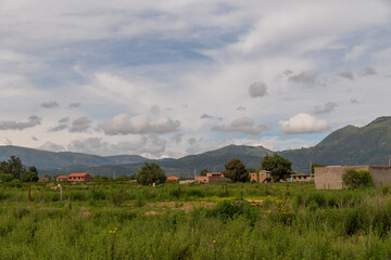beautiful rural landscape, with green crops, pine trees and mountains in the background,cloudy day
