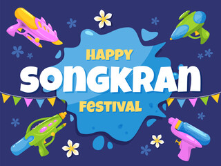 Thai songkran festival poster. Amazing kids water holiday, summer party with color plastic guns and pistols shooting liquid, banner design, cartoon flat isolated illustration, vector concept