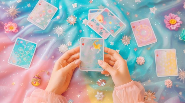 a close up of female hands drawing the tarot cards from the deck. A fortune teller woman doing divination indoors on pastel gradient surface