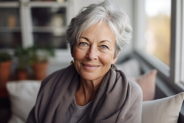 Fototapeta premium Smiling middle aged woman sitting on sofa at home, single mature senior in living room