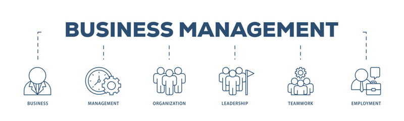 Business management icons process structure web banner illustration of business, management, organization, leadership, teamwork and employment icon live stroke and easy to edit 