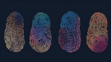 Vector illustrations of fingerprint patterns, including arches, loops, and whorls