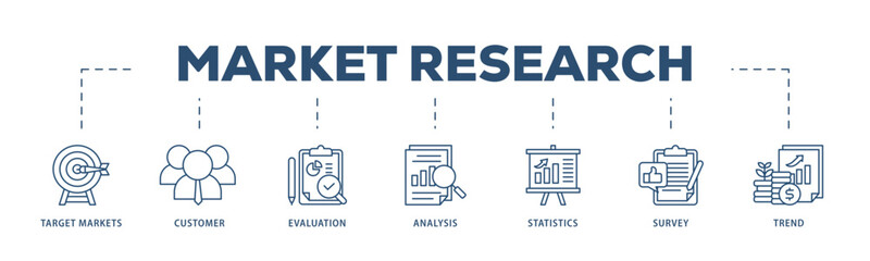 Market research icons process structure web banner illustration of target markets, customer, evaluation, analysis, statistics, survey and trend icon live stroke and easy to edit 