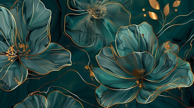 Fototapeta Abstract art background vector. Luxury minimal style wallpaper with golden line art flower and botanical leaves, Organic shapes, Watercolor. background for banner, poster, packaging. Generative Ai