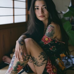 a beautiful Japanese girl, wearing traditional black kimono, showing her traditional Japanese tattoo 