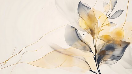 Abstract art background vector. Luxury minimal style wallpaper with golden line art flower and botanical leaves, Organic shapes, Watercolor. background for banner, poster, packaging. Generative Ai