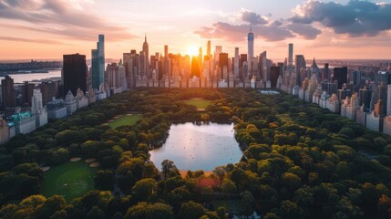 Aerial Helicopter Photo Over Central Park with Nature, Trees, People Having Picnic and Resting on a Field Around Manhattan Skyscrapers Cityscape. Beautiful Evening with Warm Sunset Light 