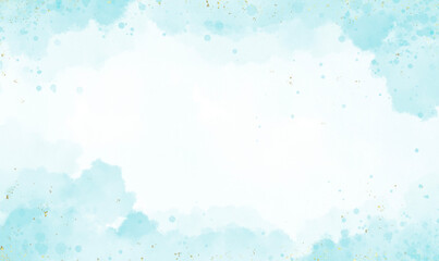 Abstract light sky blue watercolor background draw on white background and gold splashes effect. sky blue texture design template for birthday invite or card.