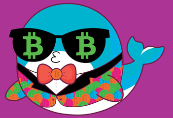 Bitcoin whale, emotions illustration, cartoon, emotes, emojis, cute whale with suit, businessman, for backgrounds