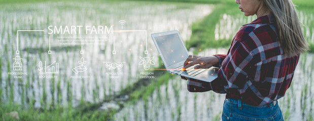 Ai for farming. iot Agriculture technology farmer woman holding tablet or tablet technology to...