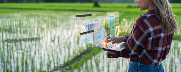 Ai for farming. iot Agriculture technology farmer woman holding tablet or tablet technology to research about agriculture problems analysis data and visual icon. - obrazy, fototapety, plakaty