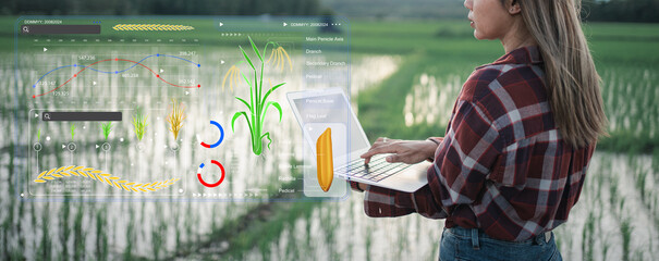 Ai for farming. iot Agriculture technology farmer woman holding tablet or tablet technology to...