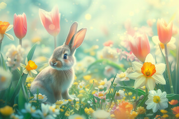Fototapeta premium Bunnies Frolicking in Springtime Blooms