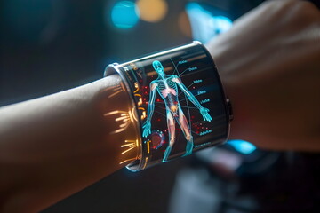A smart watch with a body scan on the display on a wrist indoor - obrazy, fototapety, plakaty