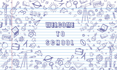 Blank white worksheet exercise book and welcome to school vector design.