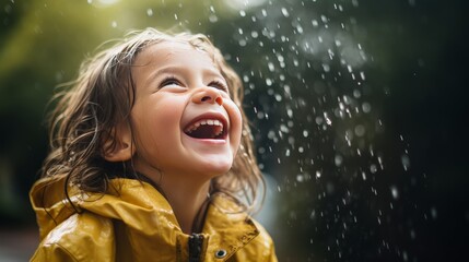 Kind in gelber Regenjacke steht im Regen und freut sich - obrazy, fototapety, plakaty