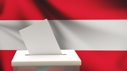 Blank ballot with space for text or logo is dropped into the ballot box against the background of the flag of Austria. Election concept. 3D rendering. Mock up
