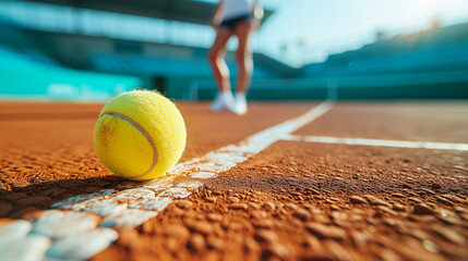 A close-up of a tennis ball lying on the court against a blurred field with players. Copy space.