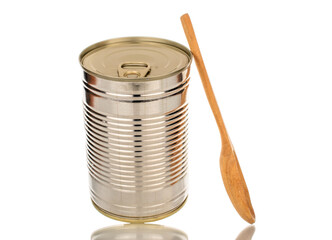 One metal meat can with wooden spoon, macro, isolated on white background.