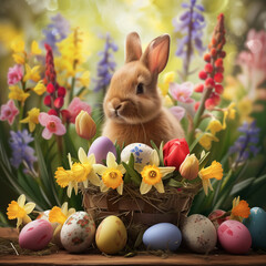 Cute Bunny and Easter Basket Amidst Bright Easter Spring Blooms with Daffodils, Tulips, Hyacinths
