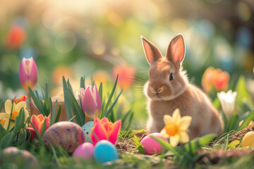 Fototapeta premium Cute Bunny Amidst Bright Easter Spring Blooms with Daffodils, Tulips, Hyacinths