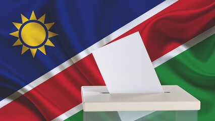 Blank ballot with space for text or logo is dropped into the ballot box against the background of the flag of Namibia. Election concept. 3D rendering. Mock up