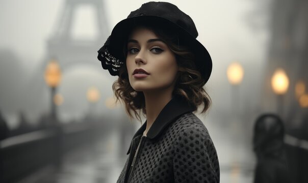Portrait of a girl in Paris. Retro picture. Vintage style. Woman in a hat.