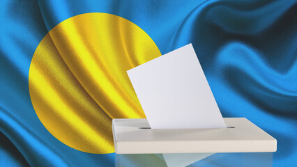Blank ballot with space for text or logo is dropped into the ballot box against the background of the flag of Palau. Election concept. 3D rendering. Mock up
