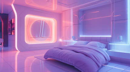 3D rendering of a modern bedroom in a pink and blue neon light
