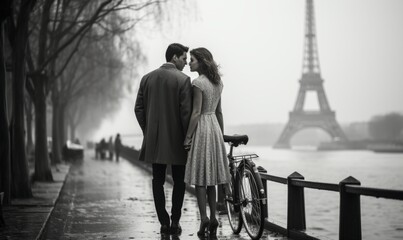 Elegant couple in love walking in Paris. Retro style. Muted tones, French charm. Copy space - obrazy, fototapety, plakaty