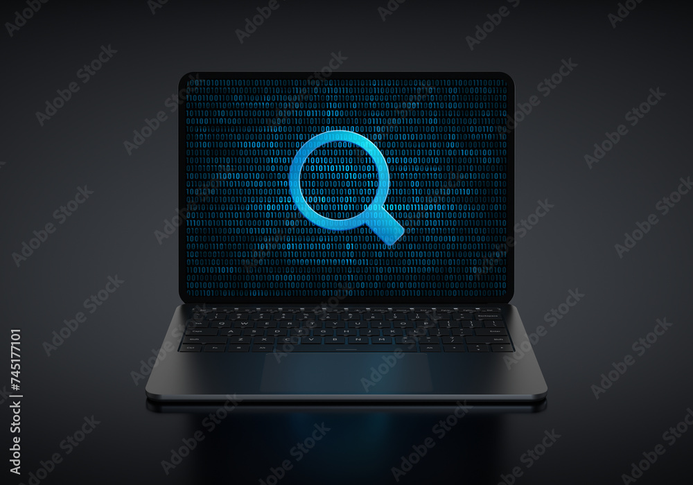 Poster laptop device with magnifier search icon in screen on a dark background. realistic rendering.