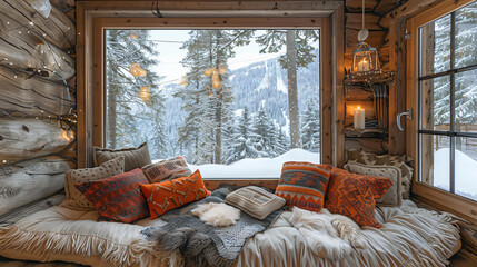 Cozy winter scenes in mountain cabins, magazine photography warmth -