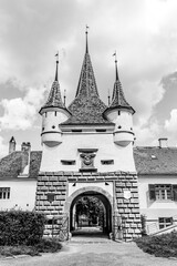 Catherine's Gate in Brasov, Transylvania, Romania; 1559 medieval defence gate in black and white - 745177174