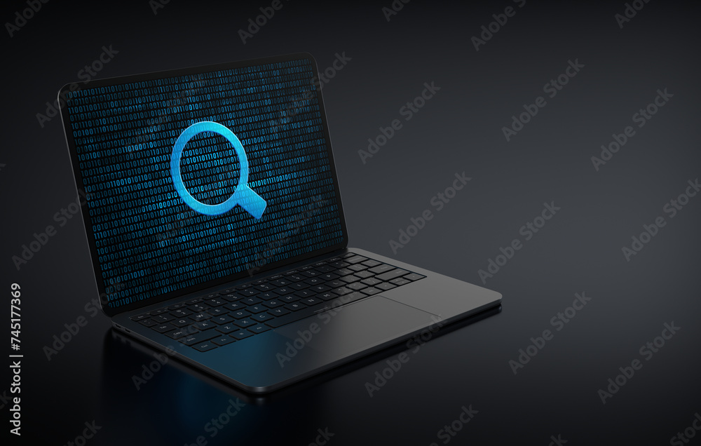 Poster laptop device in the left side positioned diagonally with magnifier search icon in screen on a dark 