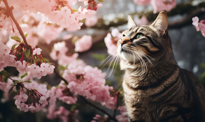 Fototapeta premium Tabby cat looks at a cherry blossom in the garden. Blooming sakura with pink flowers in spring season. Hanami. Spring wildlife pets concept. Hana Matsuri beautiful nature flowers festival.