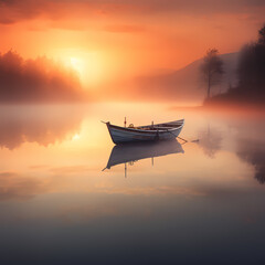 A lone boat on a misty lake at sunrise. 