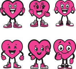 Cartoon heart characters vector illustration set. Cute love symbols with faces different poses hands and feet in shoes. Playful cheeky happy hearts characters. Love concept in pink magenta color