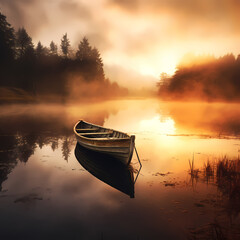 A lone boat on a misty lake at sunrise. 
