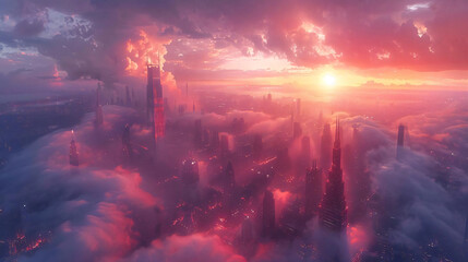 Editorial take on the futuristic cityscapes at twilight - (1) - obrazy, fototapety, plakaty