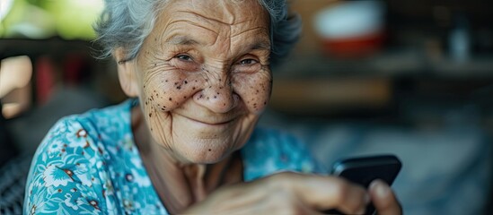 An older woman with short gray hair smiles while holding a cell phone in her hands. Her face is lined with wrinkles and freckles are scattered across her skin.