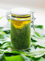 Allium ursinum wild bear garlic pesto in a glass