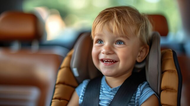 Portrait of cute little boy sitting in car seat and smiling. Child safety concept